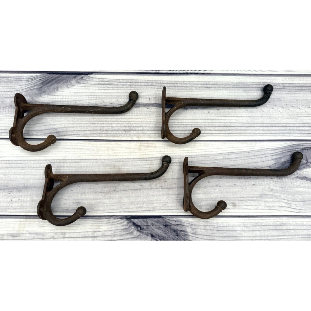 LOT OF 4 ANTIQUE SALVAGED VERY LARGE HEAVY DUTY  10" CAST IRON HARNESS HOOKS